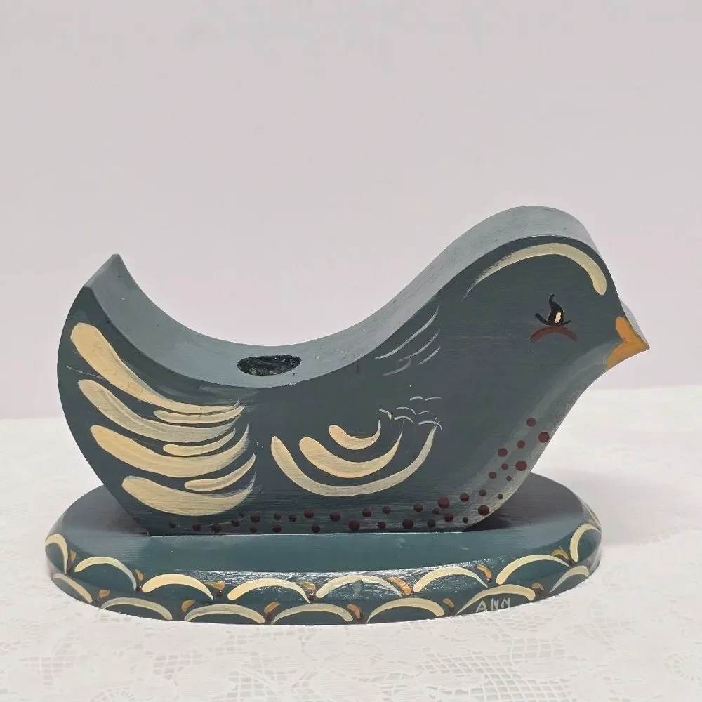 Vintage Sweden Signed Wooden Hand Painted Bird Shaped Blue Candle Holder 60s MCM